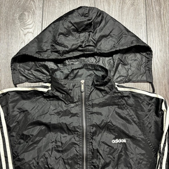 Vintage Adidas Windbreaker Jacket Mens Small Black White Stripe Full Zip Hooded - Picture 2 of 8